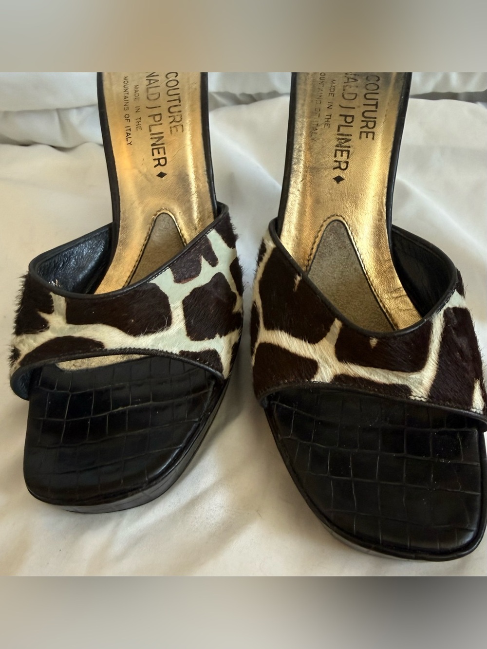 Vintage Donald J Pliner Calf Hair Giraffe Print Platform Mule Heel 6.5 Italy Y2K - Picture 7 of 16